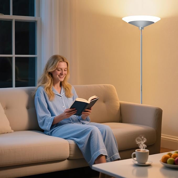 Silver Torchiere Floor Lamp - 30W Dimmable LED Standing Lamp with Remote/Button Control, 1800Lm, 3000-6500K, 72in Bright Standing Pole Light for Living Room Bedroom Office Corner