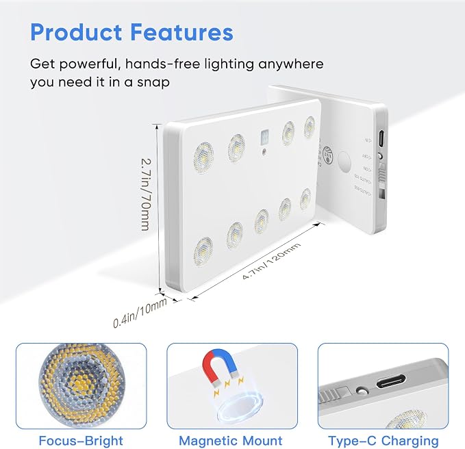 VST 2-Pack Rechargeable Gun Safe Lights Motion Activated Magnetic with USB | 9 Leds Ultra Bright Battery Powered Under Cabinet Light for Cupboards, Closet, Car Trunk, Kitchen, Garage,Wardrobe