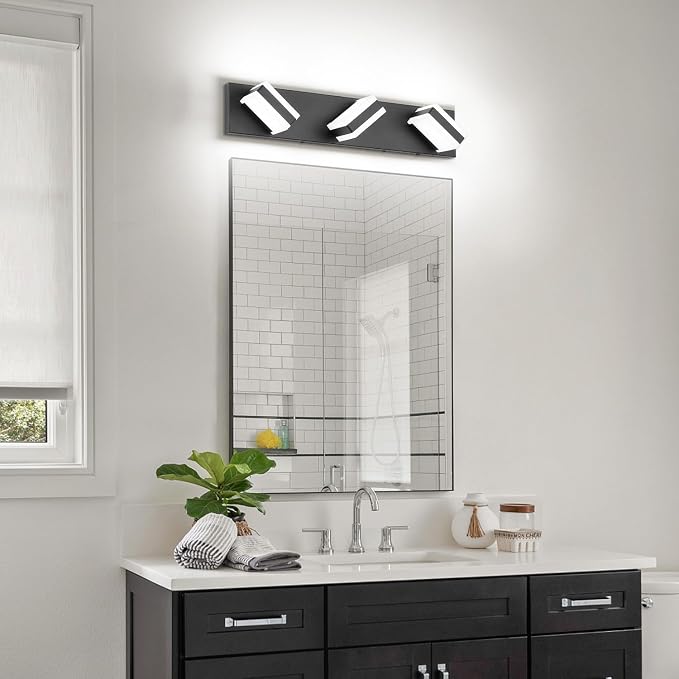 SOLFART LED Dimmable Black Vanity Light Over Mirror,3 Lights Bathroom Light Fixtures, Restroom Modern Vanity Lighting for Bathroom Cool Light 6000K