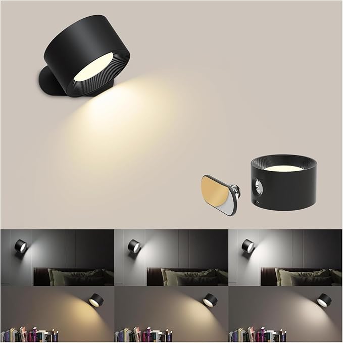 LED Reading Lights, Wall Mounted Sconces with 3 Color Temperatures & 3 Brightness Levels, Rechargeable Battery Operated Touch Control 360° Magnetic Ball for Study Bedside Bedroom