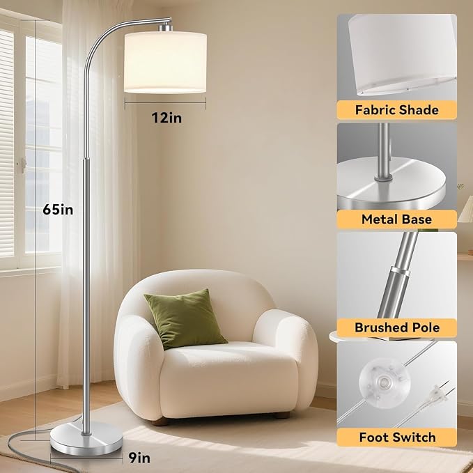 Floor Lamp for Living Room,Modern Standing Lamps with 9W LED Bulb,65'' Silver Tall Floor Light with Fabric Shade,3 Color Temperatures Tall Lamp for Bedroom Office Study Room Corner Dining Room