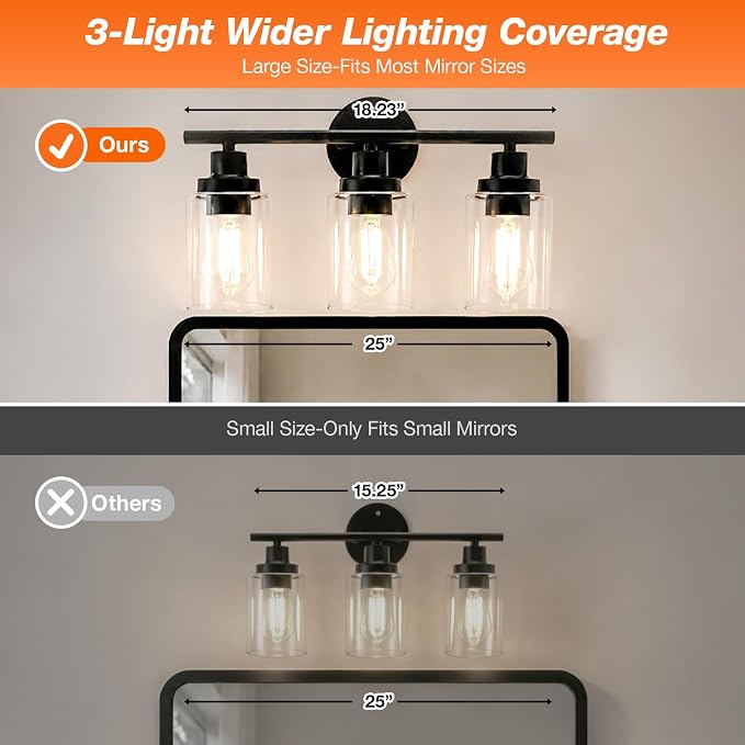 LEDVANCE Sylvania 18.23" Modern Bathroom Light Fixture with 3 Clear Glass Shades, Iron with Black Finish, E26 Medium Base, Vanity Lights for Bathrooms, Foyers, Entryways - 1 Pack (67904)
