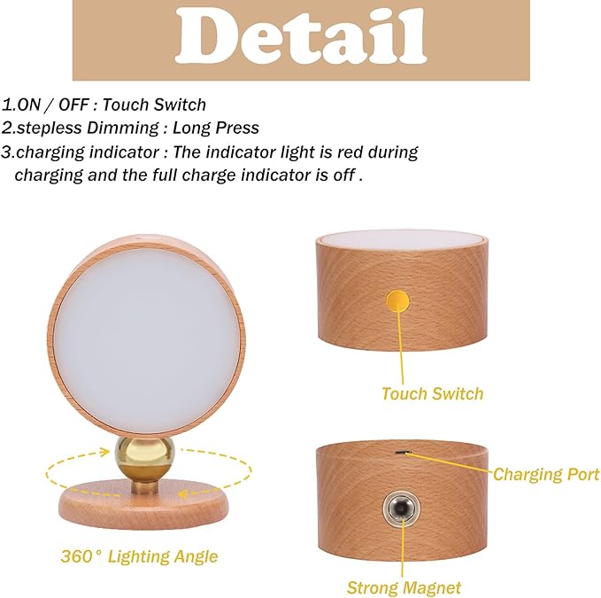 Wooden Led Wall Sconce, 360° Rotatable Dimmable Wall Lights Rechargeable Wall Lights Battery Operated Magnetic Led Night Light for Reading Light and Household Lighting (Beech Wood 1pcs)