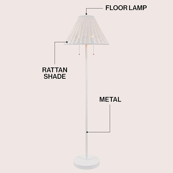 JONATHAN Y Nando 2-Light Coastal Rattan Floor Lamp 61", White | Mid-Century Modern, Standing Lamp, Metal Base, Pull-Chain Switch, Woven Coolie Shade, LED Bulbs Included