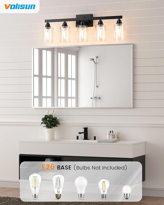 VOLISUN Matte Black Bathroom Light Fixtures, 5-Light Bathroom Vanity Light Over Mirror, Modern Vanity Lights for Bathrooms, Bathrooms Lights Fixtures Over Mirror with Clear Glass Shades