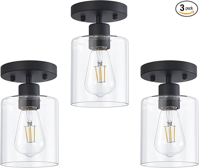Black 1-Light Semi Flush Mount Ceiling Light, Rustic Kitchen Lighting Fixtures Ceiling, Classic Ceiling Light Fixtures, Cieling Light with Glass Shade for Hallway Foyer Farmhouse Bedroom 3 Pack