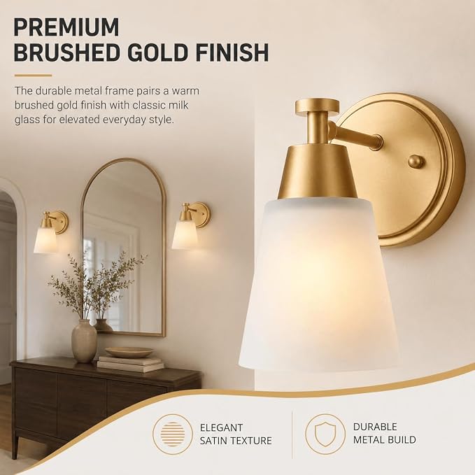 Wall Light Fixtures, 2-Pack Brushed Gold Vanity Lights with Milk Glass Shade, Modern Farmhouse Wall Sconces for Gallery, Mirror, Bedroom, and Bathroom,1 Light