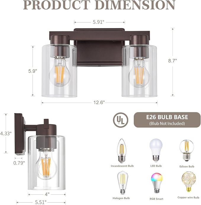 2-Light Bathroom Light Fixtures with Clear Glass, Oil Rubbed Bronze | Vanity Lights, Modern Wall Sconces, Over Mirror for Bathroom, Powder Room, Living Room