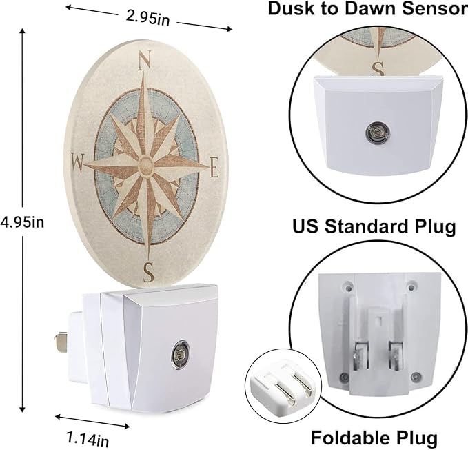 Nautical Compass Night Light Antique Windrose Navigation Wind Rose LED Dusk to Dawn Plug-in Nightlight Auto Sensor for Bedroom Bathroom Hallway Living Room