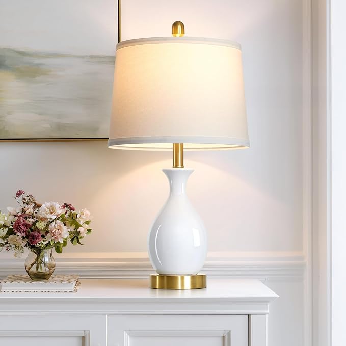 24" Bedside Table Lamp for Bedroom, Modern Classic Ceramic Lamp for Living Room, Small White Table Lamps for Nightstand & End Table (1 Pack)