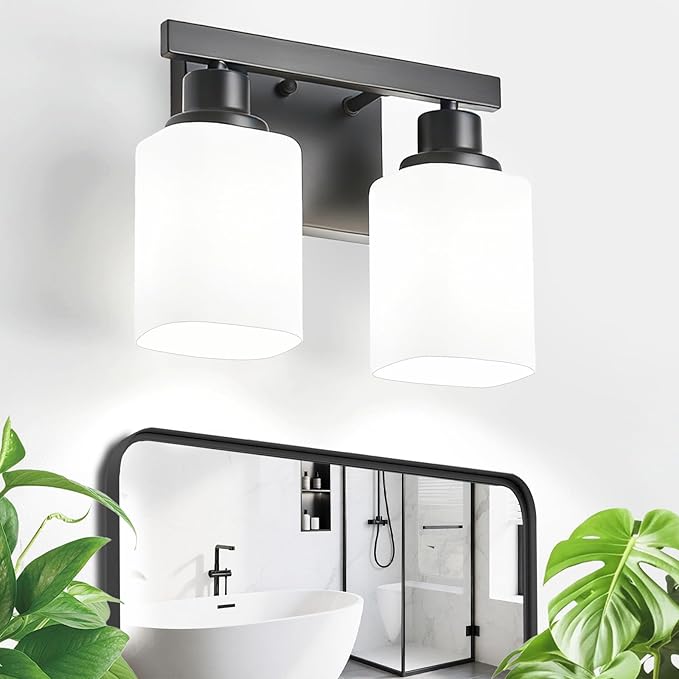 2 Light Bathroom Vanity Light,Matte Black Vanity Lights with Clear Glass,Bathroom Lighting Fixtures Over Mirror,Wall Light Fixtures for Living Room,Bedroom,Hallway(E26 Base)