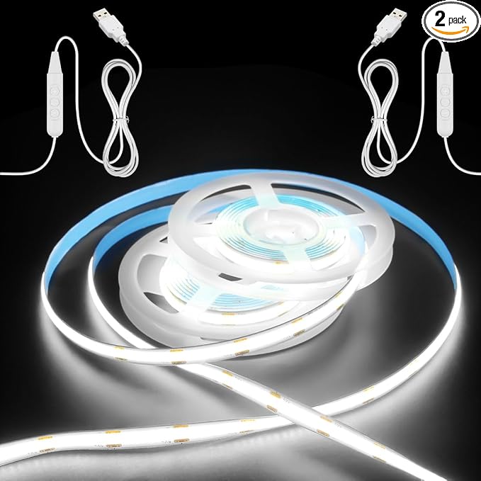 Aclorol 1M 5V COB LED Strip Light 2 Pack White 6000K Dimmable Brightness | LED Flexible Tape Lights with 1.5M USB Cable, High Density 320LEDs, for Under Cabinet TV Backlight Bedroom Wardrobe Displays