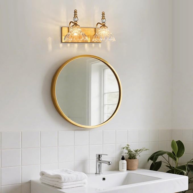Vintage Bathroom Vanity Light, 2-Light Brass Vanity Lighting Fixture with Flower Glass Shade, Bathroom Lighting Fixtures Over Mirror