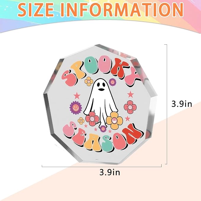 Cute Halloween Ornaments Clear Acrylic Enneagon Shaped Desk Sign Little Ghost & Flower Theme Plaque Happy Halloween Decorations for Holiday Party Home, Desktop Ornament Gifts