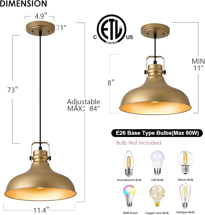 Gold Modern Pendant Lights Kitchen Island Fixtures | ETL Certificate,Industrial Adjustable Height Vintage Dome Hanging Light Fixtures for Barn,Dining Room 3 Pack