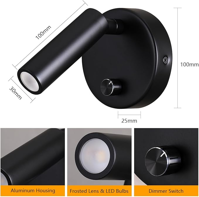 Surface Wall Mounted Reading Light Sconces Lamp Physical Knob Dimmer Switch LED 5W Warm White 3000K (Black Hardwire)