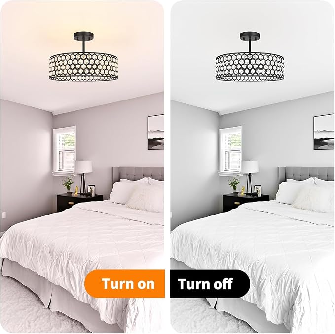 Lxybcce Black Crystal Ceiling Light Fixture - Modern Semi Flush Mount Ceiling Chandelier Lighting for Kitchen, Dazzling Prism Chandelier for Bedroom, Bathroom, Dining Room, 5 Light, 16 in
