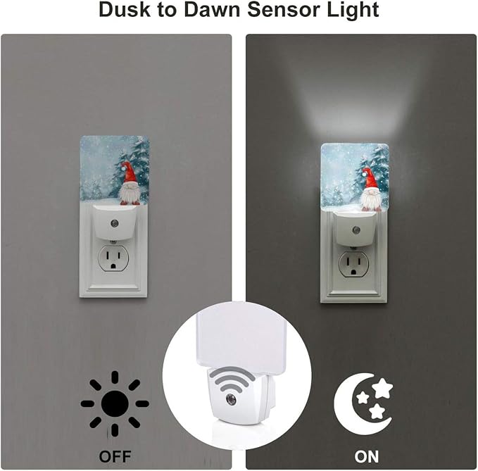 Snow Gnome Trees Christmas LED Plug-in Night Lamp 2 Piece Set, Auto Sensor Nightlights Set of 2 for Bedroom Bathroom
