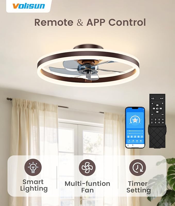 VOLISUN Low Profile Ceiling Fans with Lights and Remote, 20in Flush Mount Ceiling Fans with Light, 3000K-6500K Dimmable Fandelier LED Fan Light, Brown Bladeless Ceiling Fans with Lights for Bedroom