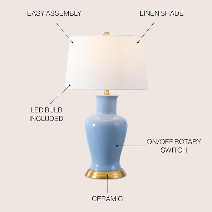 JONATHAN Y 29" Blue Traditional Ceramic Urn LED Table Lamp for Bedroom Decor, White Linen Drum Shade, Classic Nightstand Lamp for Living Room, LED Bulb Included (JYL4026E)