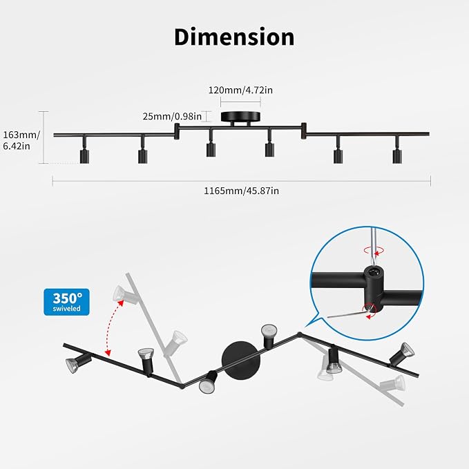 LVWIT 6-Light LED Ceiling Track Lighting Fixtures, Flexibly Rotatable Light Heads, Modern Ceiling Spot Lights for Kitchen, Living Room, Bedroom, Black(GU10 Socket, Bulbs Not Included)