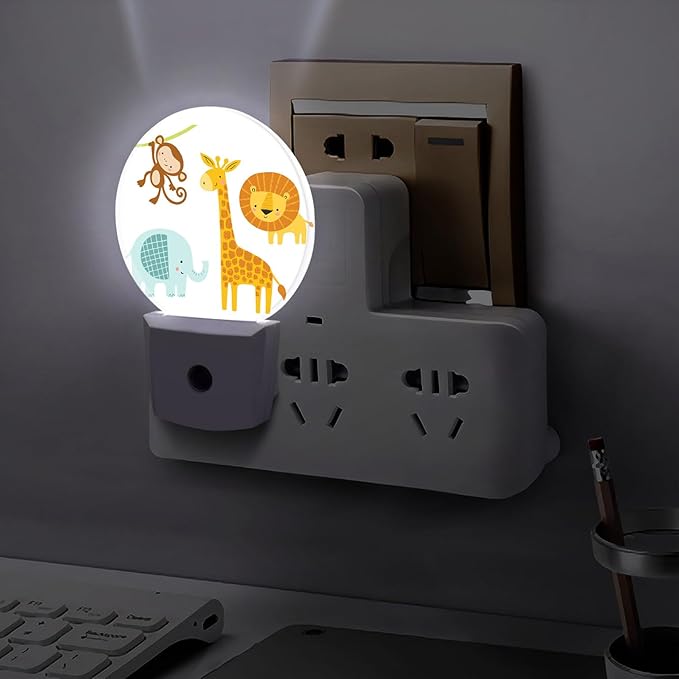 Round LED Night Light,Cute Jungle Animal LED Night Light Plug into Wall with Dusk to Dawn Light Sensor White Energy Efficient Nightlight for Bedroom Bathroom Hallway Living Room Kitchen