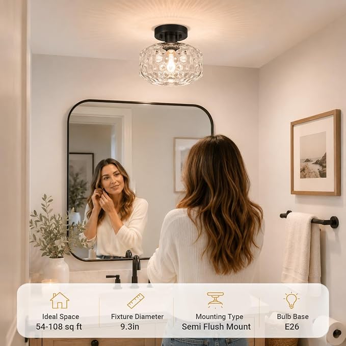 DSMJFU Black Semi Flush Mount Ceiling Light, Vintage Small Ceiling Light Fixture, Hallway Lighting Fixture with Hammered Glass, Kitchen Ceiling Mount Light for Entry Way, Bedroom, Bathroom