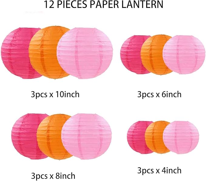 12pcs Hot Pink and Orange Paper Lanterns - Round Ceiling Hanging Paper Lampshades,for Birthday, Baby Shower, Wedding, Party Decorations (4", 6", 8", 10")