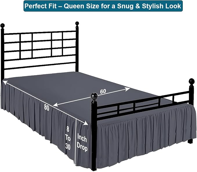Shreem Linen Ruffled Bed Skirt with Split Corners, Gathered Style, 100% Microfiber, 12-Inch Drop, Dust Ruffle Bedskirt with Platform, Queen, Dark Grey