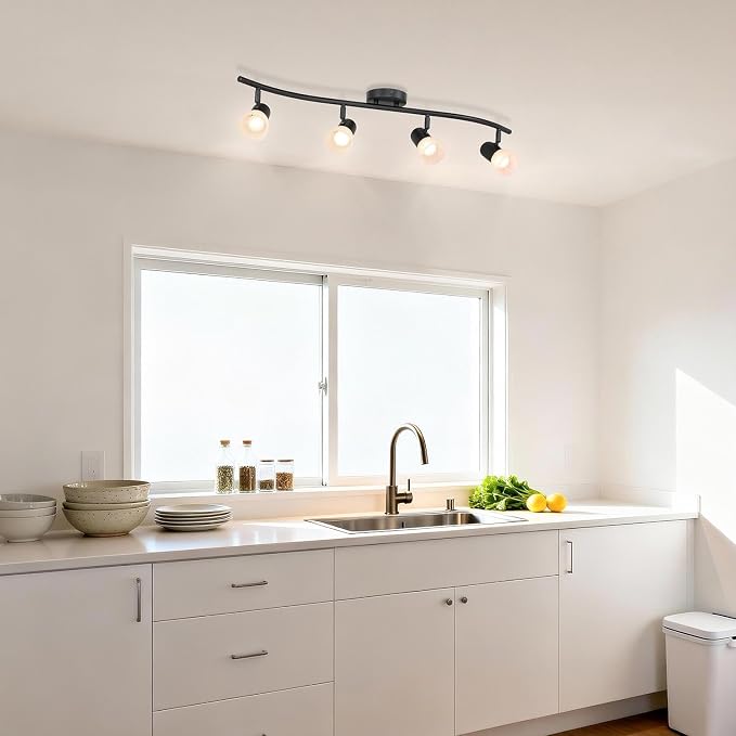 XiNBEi Lighting Black Track Lighting Kit with Glass for Bathroom, 4 Light | Curved Ceiling Spot Light, E26, S-Shaped Bar, Adjustable Head, Ceiling Light Fixture, For Kitchen Sink & Bathroom Hallway