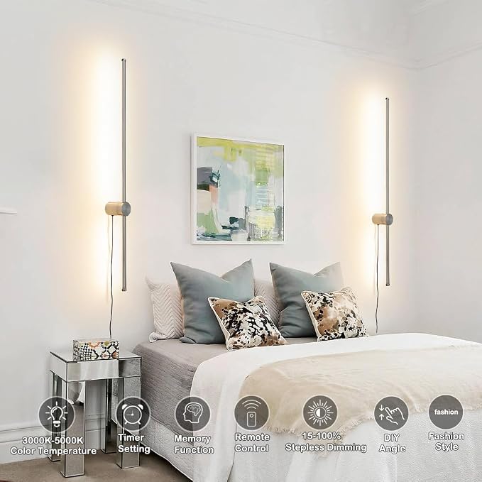 Brush Nickel Plug in wall Sconces Set of Two, Modern LED Wall Lamp with Remote Control, 3 CCT 3000K-5000K Dimmable, Plug in Wall Light with Timer, 39.4 Inches Wall Sconces with Memory Function