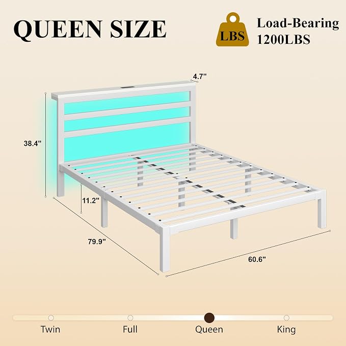 Queen Size Metal Bed Frame with Storage Headboard & LED Lights, White | Built-In Charging Station, Under-Bed Storage, Heavy Duty Metal Slats, No Box Spring Needed, Solid and Stable, Easy Assembly
