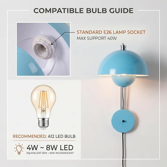 COSYLUX Mid-Century Modern Bud Plug in Wall Sconces for Bedroom, Turquoise | Indirect lighting reading wall lamp, all-metal construction, plug-in or hardwired install, fits bedroom bedside, living room