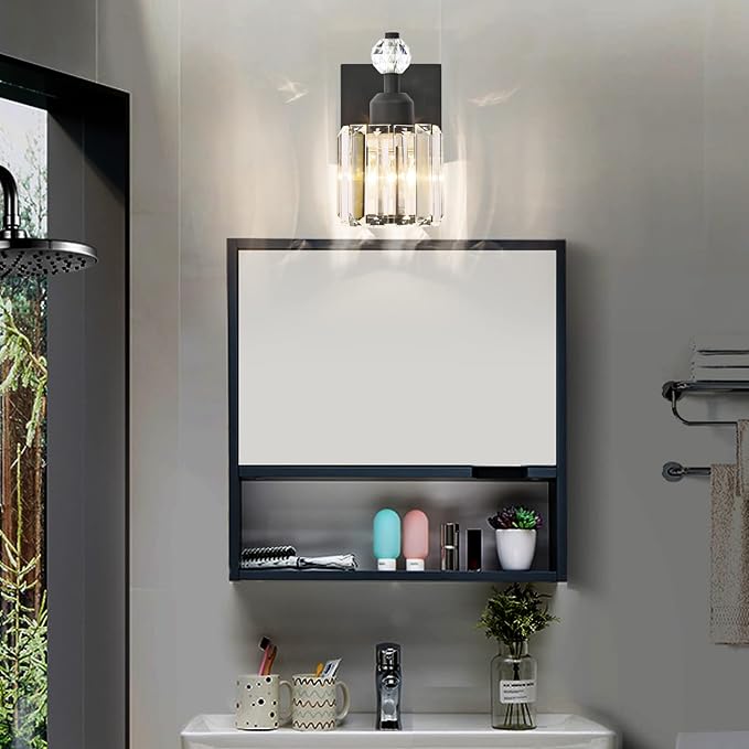 PRESDE 1-Light Bathroom Vanity Light, Modern Matte Black Wall Sconce with Crystal Shade, Single Wall Lamp for Over Mirror Bedroom Hallway
