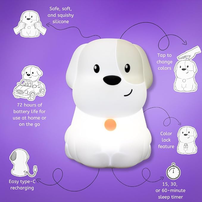 Puppy Night Light with Remote, Squishy Silicone Lamp for Kids | Tap Control | Rechargeable 9-Color Changing Soft Glow | Nursery Nightlight for Kids | Portable Animal Nightlight | USB Cord