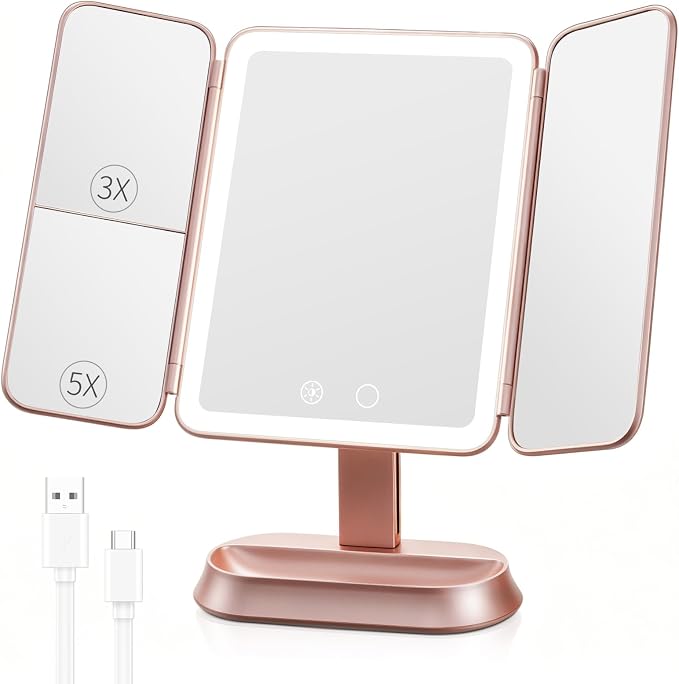 FRANO Lighted Makeup Mirror with 1X/3X/5X Magnification, Elegant Rose Gold Trifold Vanity Mirror, Smart Touch & Sensor, 3 Lighting Modes, Rechargeable Portable Mirror for Gift - Rose Gold