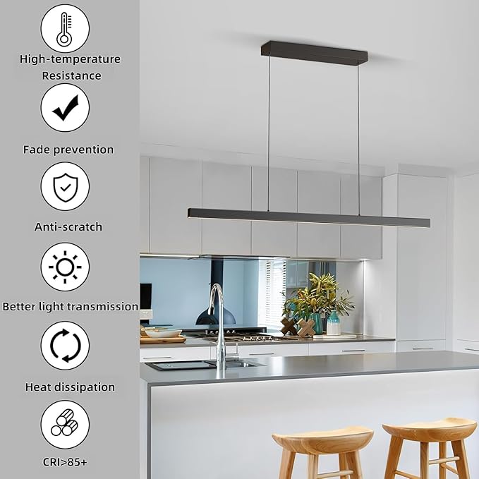 Modern Ceiling Pendant Light,47in LED Black Linear Ceiling Chandelier Light Dining Room,Living Room,Warm & Cool, Neutral Light,Aluminum Island Lighting Hanging Pendant Light for Kitchen