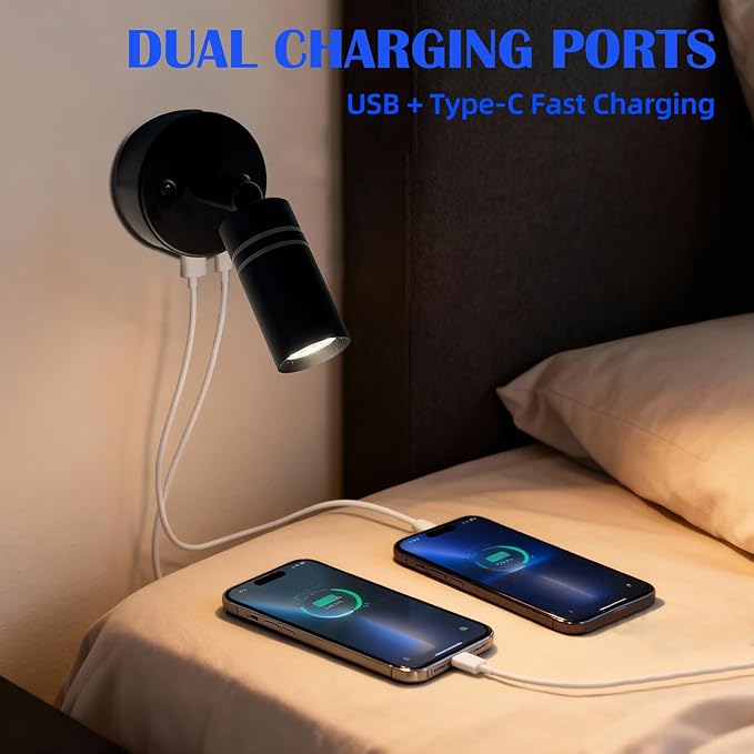 THALASSA Black RV Reading Light with USB-C Charger and USB Port, Dimmable Warm White Camper Van Bedside Lamp with Blue Night Light Mode for Motorhome, Camper, Truck, Marine
