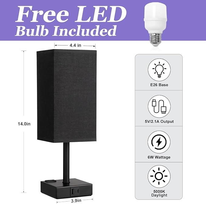 Black Bedside Table Lamp for Bedroom - Dimmable Touch, USB C+A, AC Outlet | 3-Way Dimming, 5000K Daylight Bulb Included, Nightstand Lamp with Square Linen Shade, Small Room Decor for Men, Boys, Desk