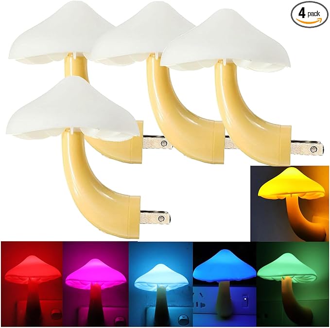 AUSAYE 4 Pack Mushroom Night Light Plug in Sensor Light, Color Changing Lamp LED Nightlights for Kids, Adults, Bedroom, Bathroom,Hallway, Stairs, Kitchen