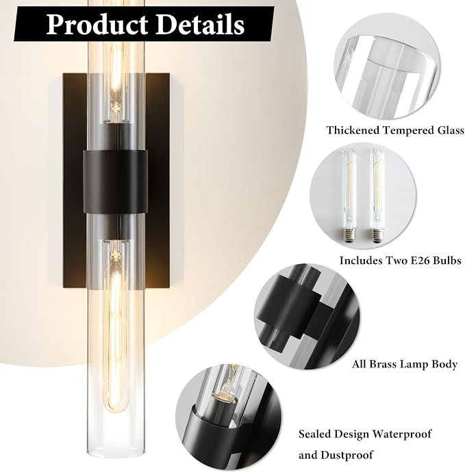 Black Brass Bathroom Wall Sconce: Modern Linear Dimmable Lighting Fixtures | Clear Glass Tube Light, Vertical or Horizontal Mounted Vanity Sconces for Indoor Living Room Hallway Bedroom Decor