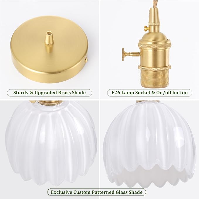 Pendant Light 2 Pack with White Tulip Glass Lmapshade, Brass Vintage Pendant Light Adjustable Hanging Light for Kitchen Island Dining Room Hallway