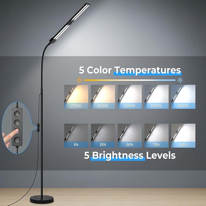 LED Floor Lamp with 4 Light Bars, 24W/3000LM Ultra Bright Wide Reading Lamp | Architect Standing Lamp with Rotating Swing Arm, Dimmable Flexible Gooseneck Floor Lamp for Office, Task Lamp for Craft Read