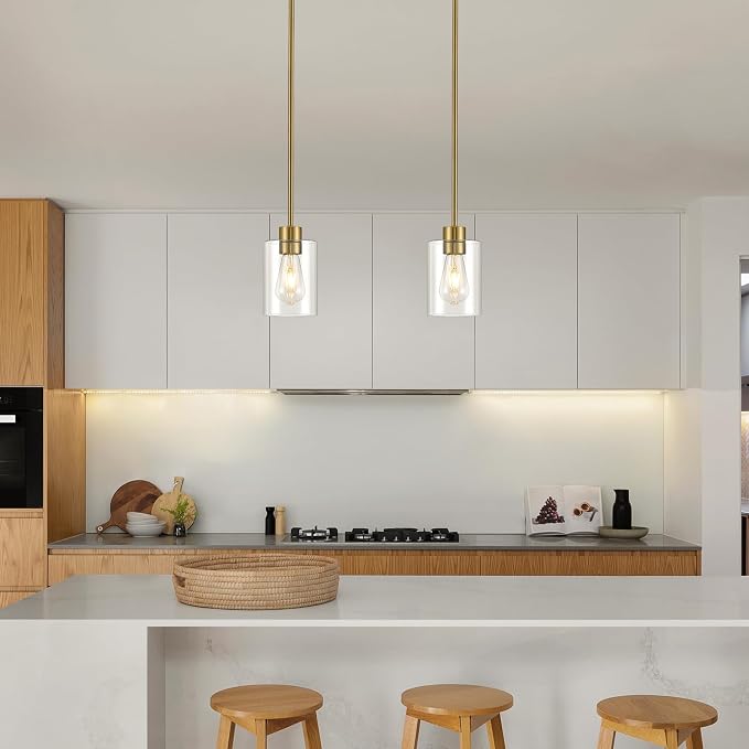Modern Farmhouse Brass Gold Pendant Lights, Mini Hanging Light Fixture with Clear Glass Shade, Adjustable Rods for Kitchen Island, Sink, Bar (2 Pack)