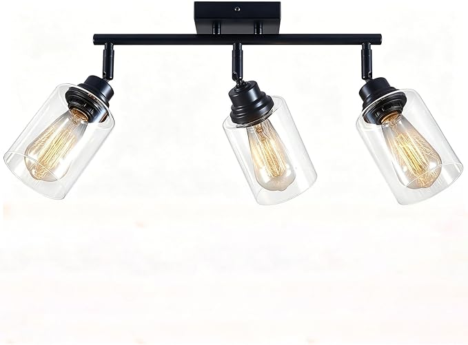 3-Light Matte Black Track Lighting Ceiling Mount for Kitchen | 350° adjustable track heads with clear glass shades, E26 ceiling mount for kitchen, bathroom and vanity lighting
