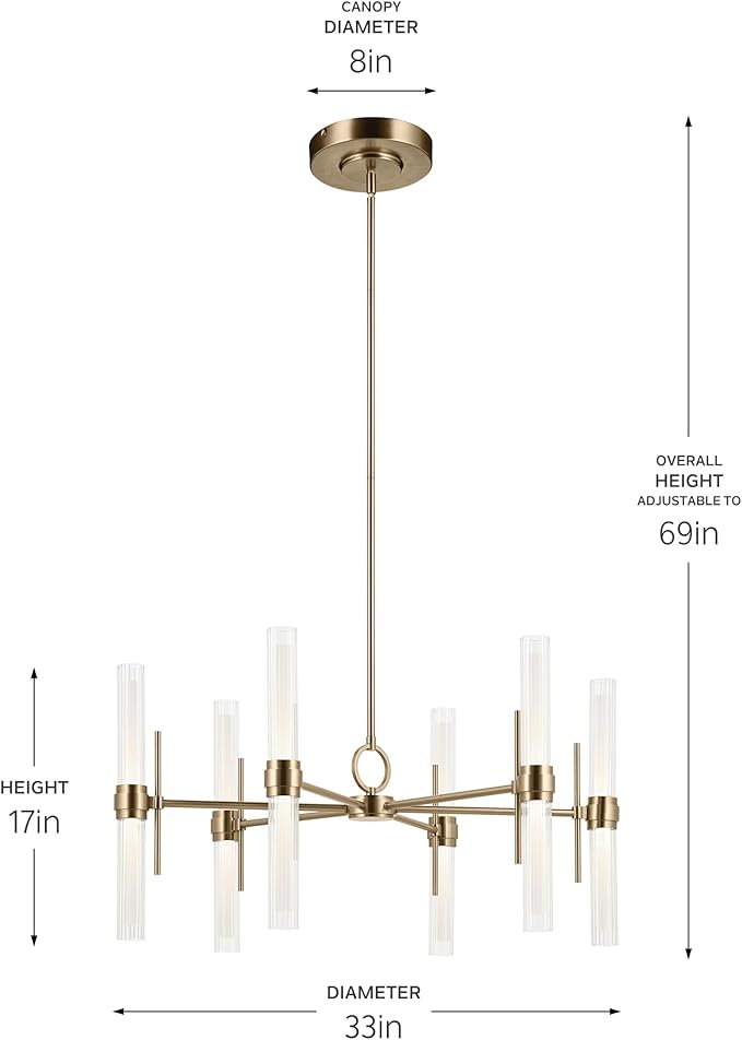 Kichler Riven LED 12-Light Chandelier with Clear Fluted Glass in Champagne Bronze, Sloped Ceiling Compatible, for Kitchen or Dining Room (17" x 33"), 52752CPZLED