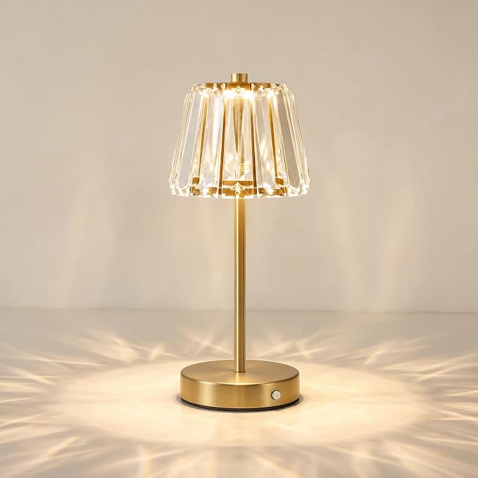 13" Small Crystal Cordless Table Lamp, Touch Rechargeable Desk Lamps | 3 Color Temps, Stepless Dimming, Gold Portable Battery Operated LED Table Lamp for Bedside, Nightstand, Kitchen, Patio, Decor