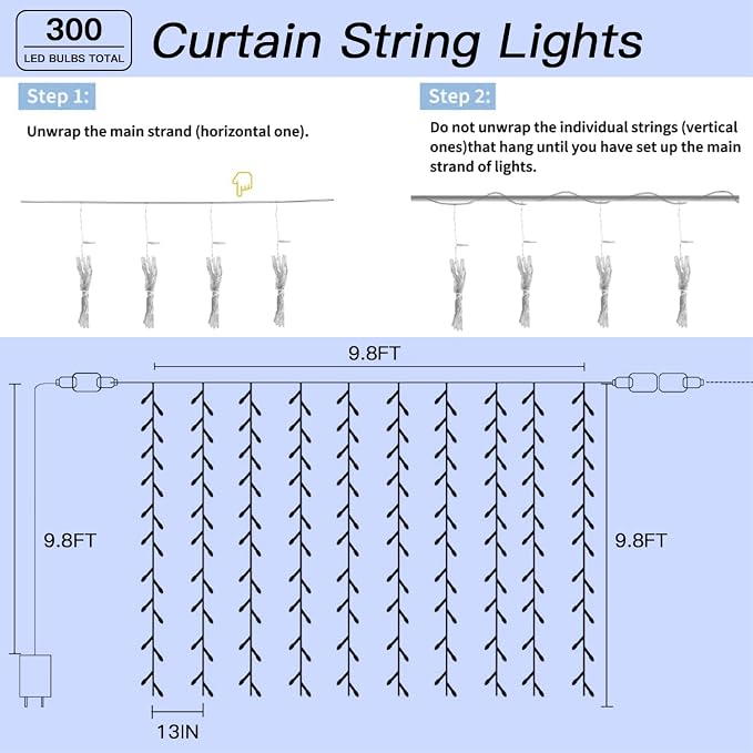 300 LED Cool White Curtain String Lights 9.8x9.8FT Plug in Fairy Lights with 9 Hooks Dimmable Timer & 8 Modes IP44 Waterproof Bedroom Office Wall Wedding Backdrop Christmas Indoor Outdoor Decor