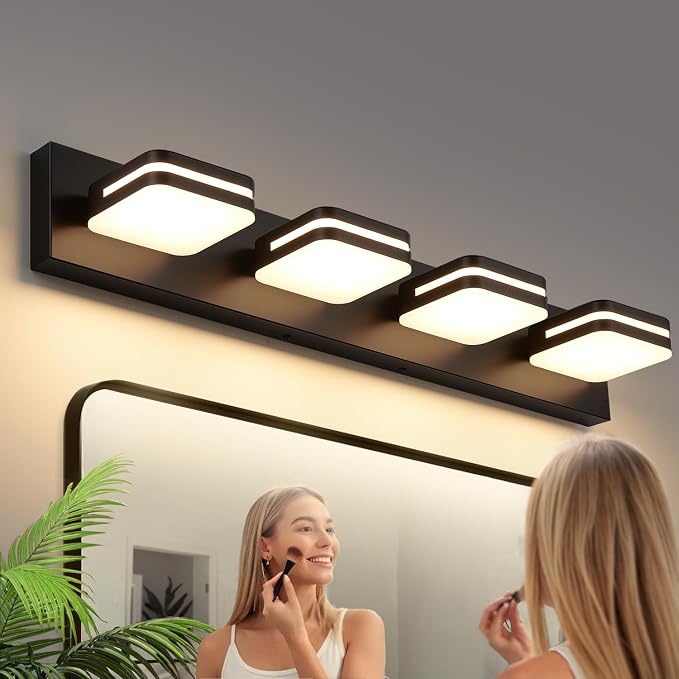 Torondo 360° Rotate LED Bathroom Vanity Light Fixtures, Acrylic Vanity Lights for Bathroom, Modern Wall Lighting Fixtures Over Mirror Living, Matte Black, Warm White, 4-Light, 27-Inch
