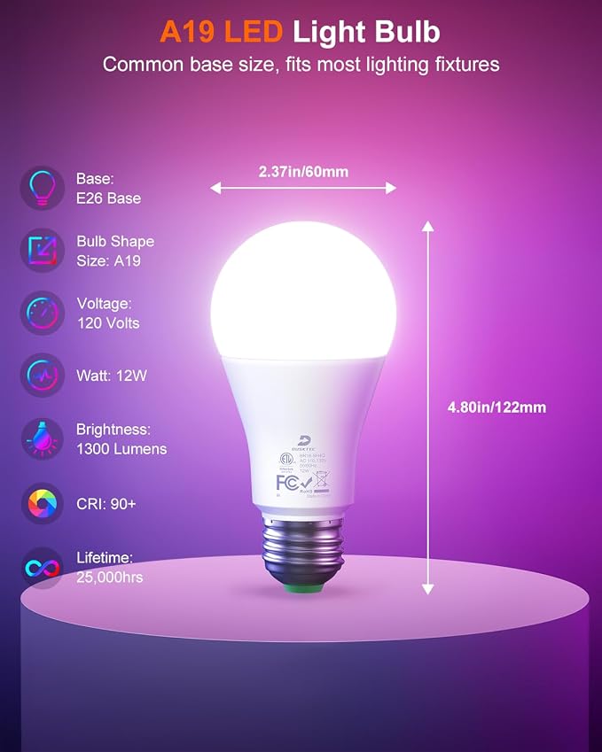 DUSKTEC Color Changing Light Bulb, LED Light Bulbs 100 Watt Equivalent with Remote Control, 9 RGB Colors & 3CCT, DIY/Timer/Sleep Mode,12W, 1300 Lumens, A19 E26 Lightbulbs for Home (1 Pack)